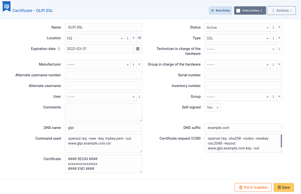 Main fields of a certificate