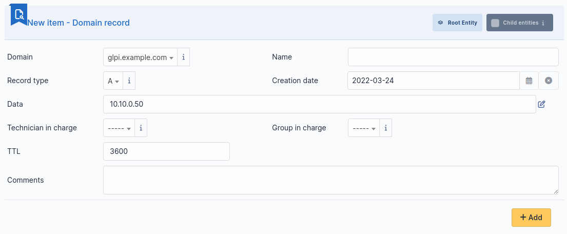 Creation of a domain record